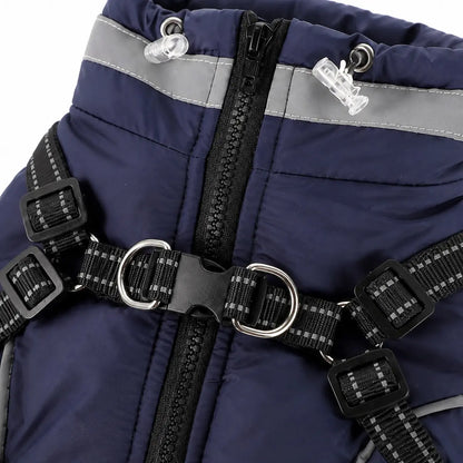 Navy padded dog coat with harness straps product detail