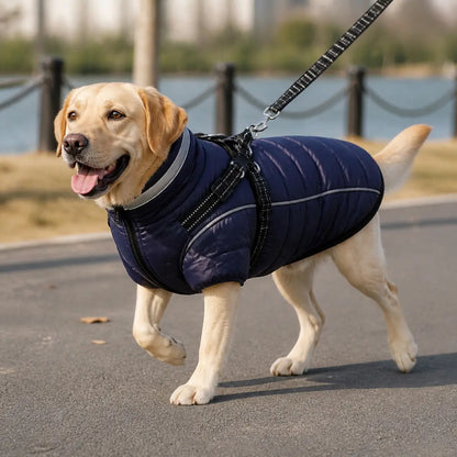 Navy padded dog coat with harness straps lifestyle view