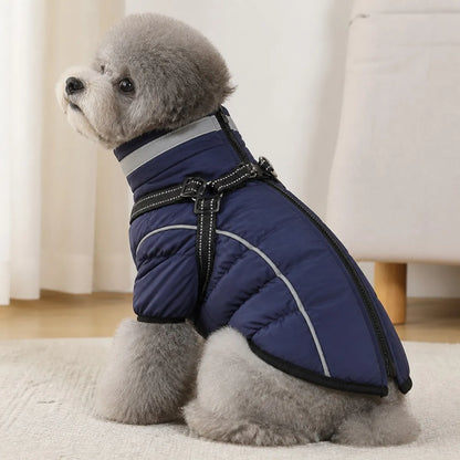 Navy padded dog coat with harness straps feature view