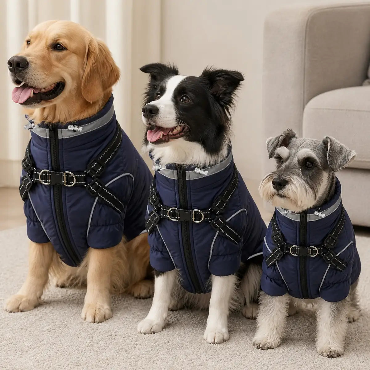 padded dog coat with harness straps multi-breed showcase