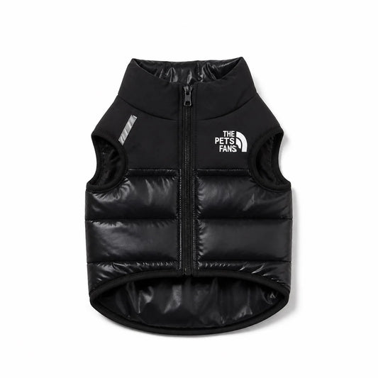 Black padded dog vest shown alone on a white background