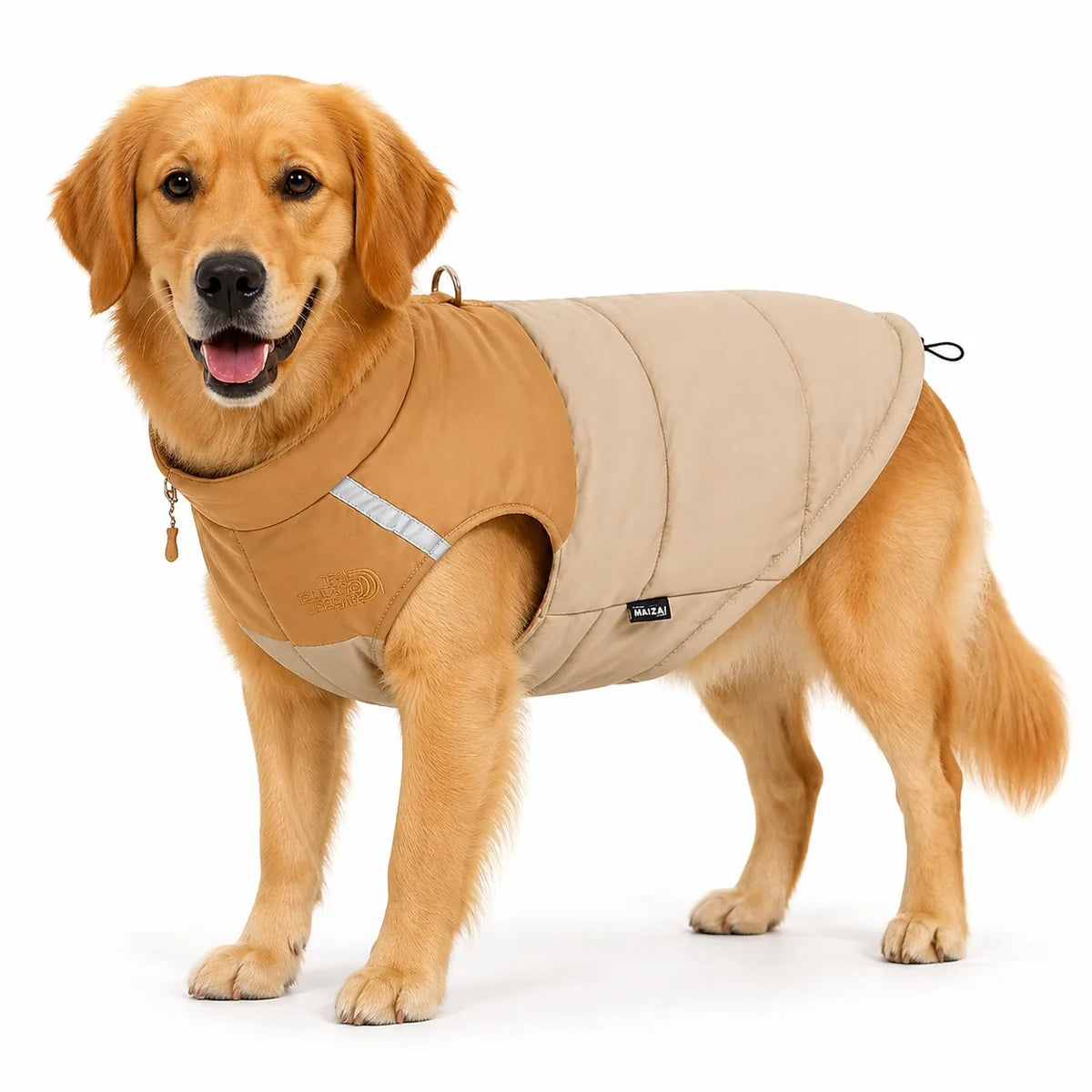 Cream padded dog winter vest worn by a pet on a white background, image 7