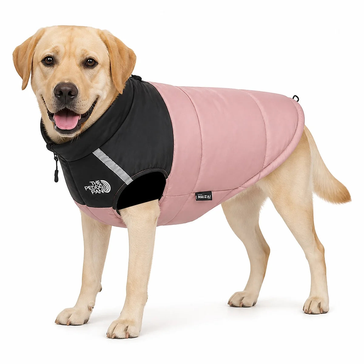Pink padded dog winter vest worn by a pet on a white background, image 5