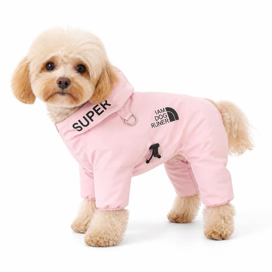dog wearing a Pink padded four-leg dog coat