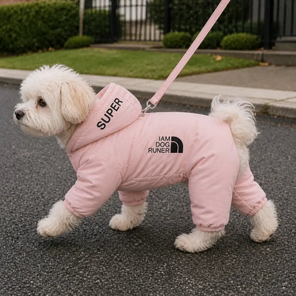 Pink padded four-leg dog coat lifestyle view