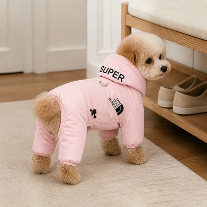 Pink padded four-leg dog coat feature view
