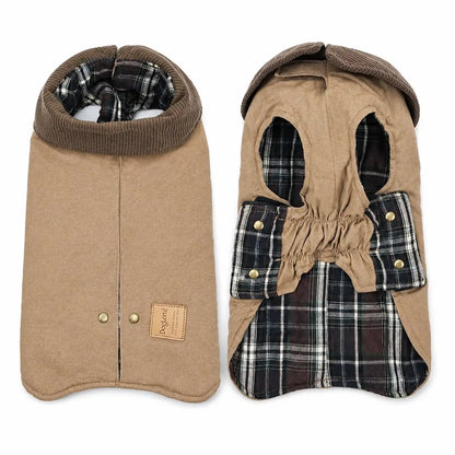 Khaki padded large dog coat shown alone on a white background