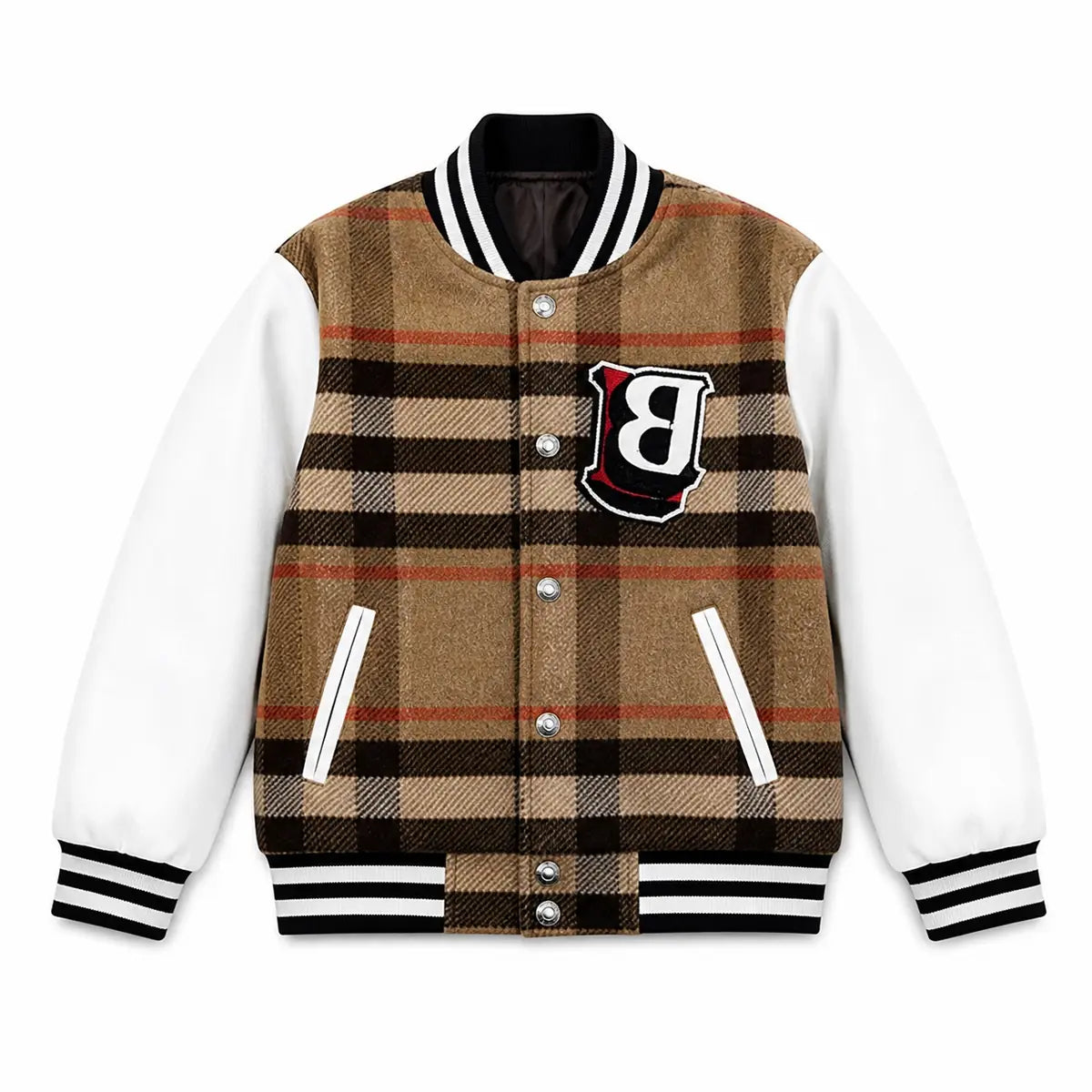 Tan Plaid Varsity padded plaid varsity dog jacket shown alone on a white background