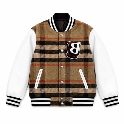Tan Plaid Varsity padded plaid varsity dog jacket shown alone on a white background