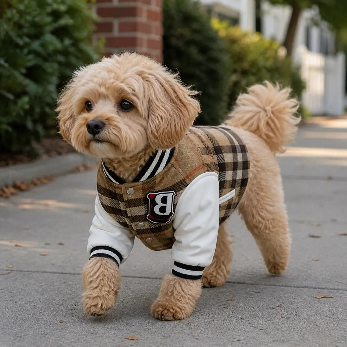 Tan Plaid Varsity padded plaid varsity dog jacket lifestyle view