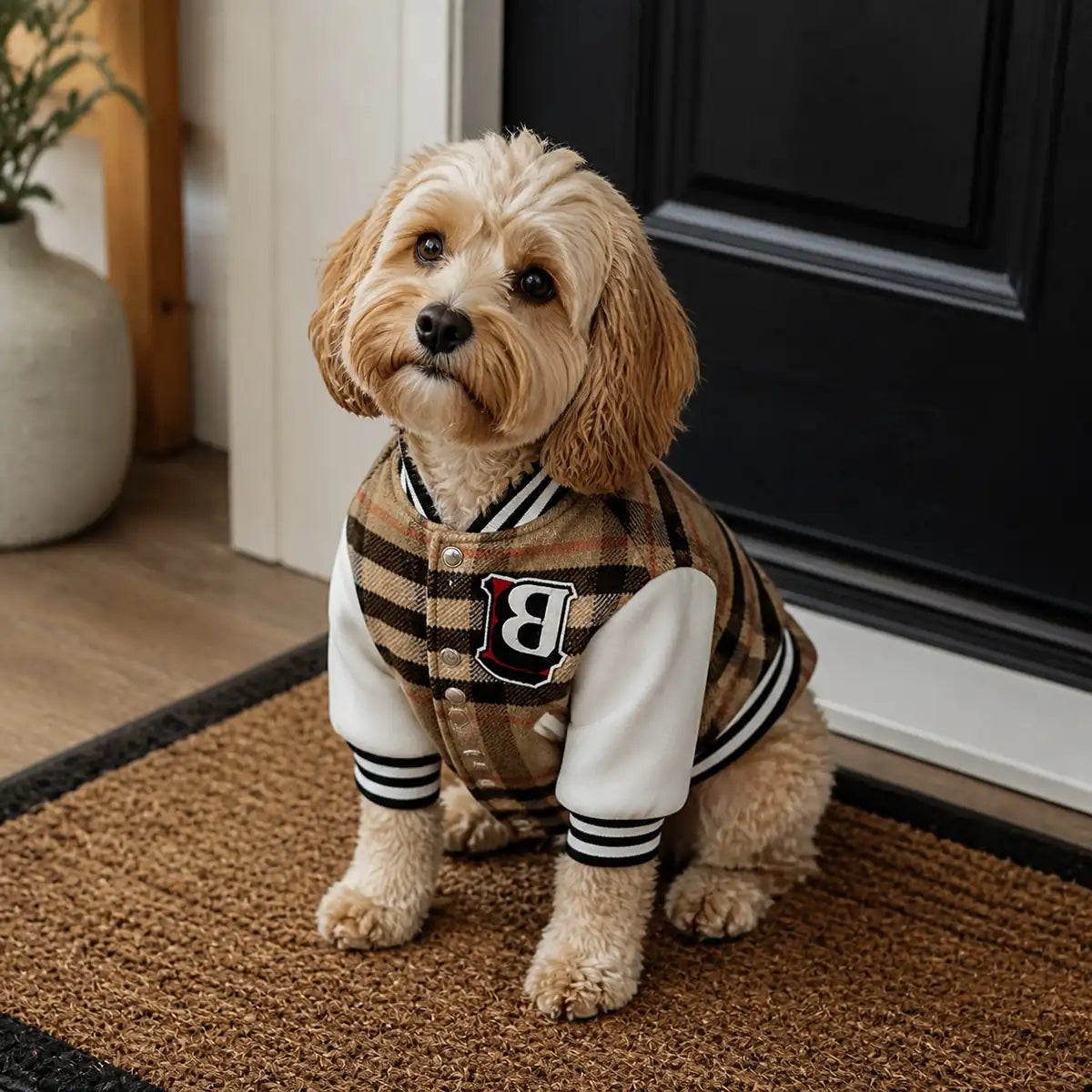 Tan Plaid Varsity padded plaid varsity dog jacket feature view