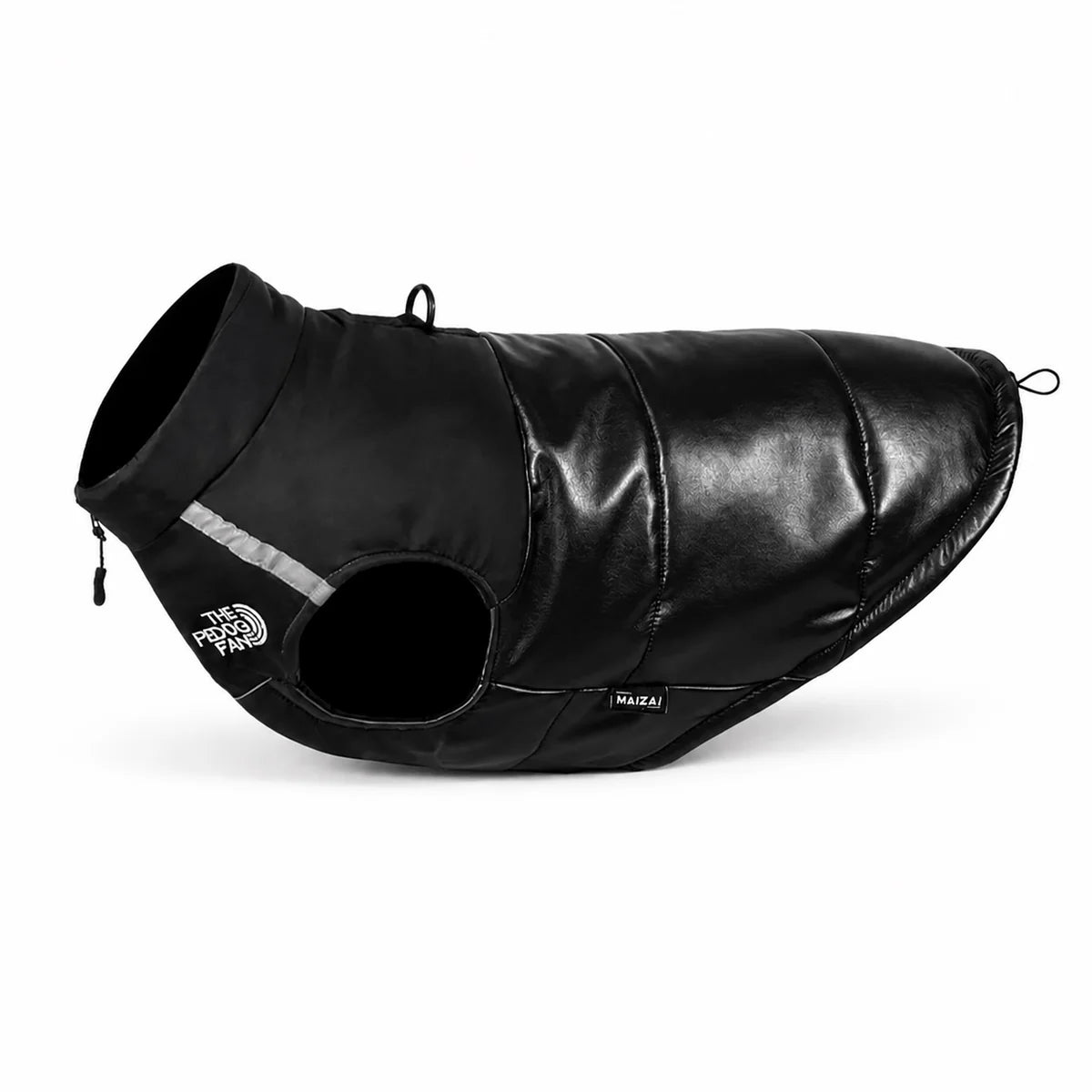 Black padded waterproof dog coat shown alone on a white background, image 2