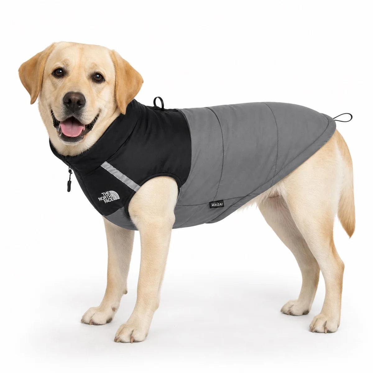 Gray padded waterproof dog coat worn by a pet on a white background, image 4