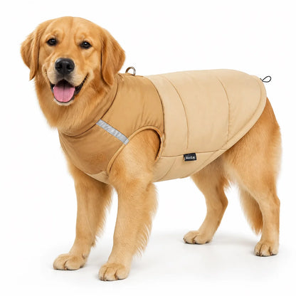 Wheat padded waterproof dog coat worn by a pet on a white background, image 7