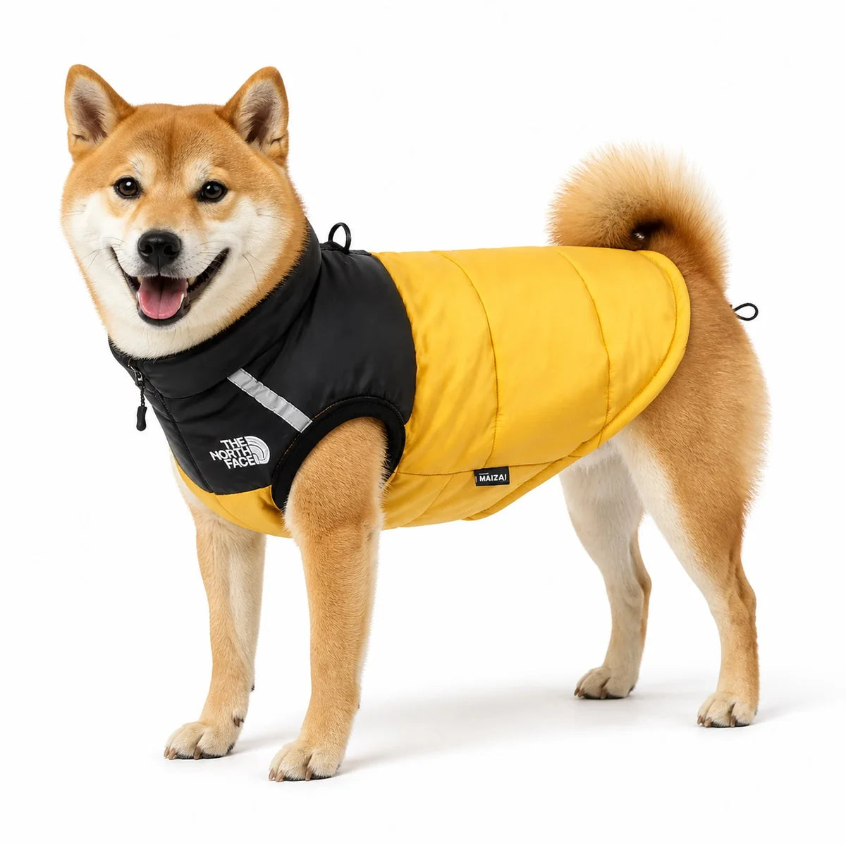 Yellow padded waterproof dog coat worn by a pet on a white background, image 3