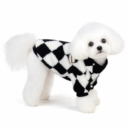 Black Patterned Four-Leg Pet Coat worn by a pet on a white background
