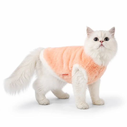 Red Peach Fleece Cat Coat worn by a cat on a white background