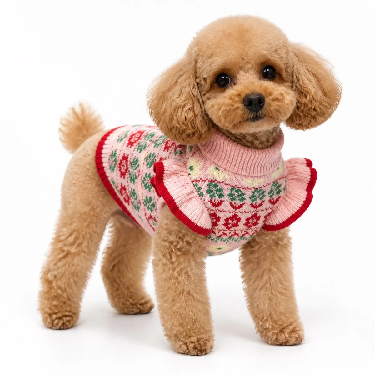 Pink pink floral ruffle dog sweater worn by a pet on a white background