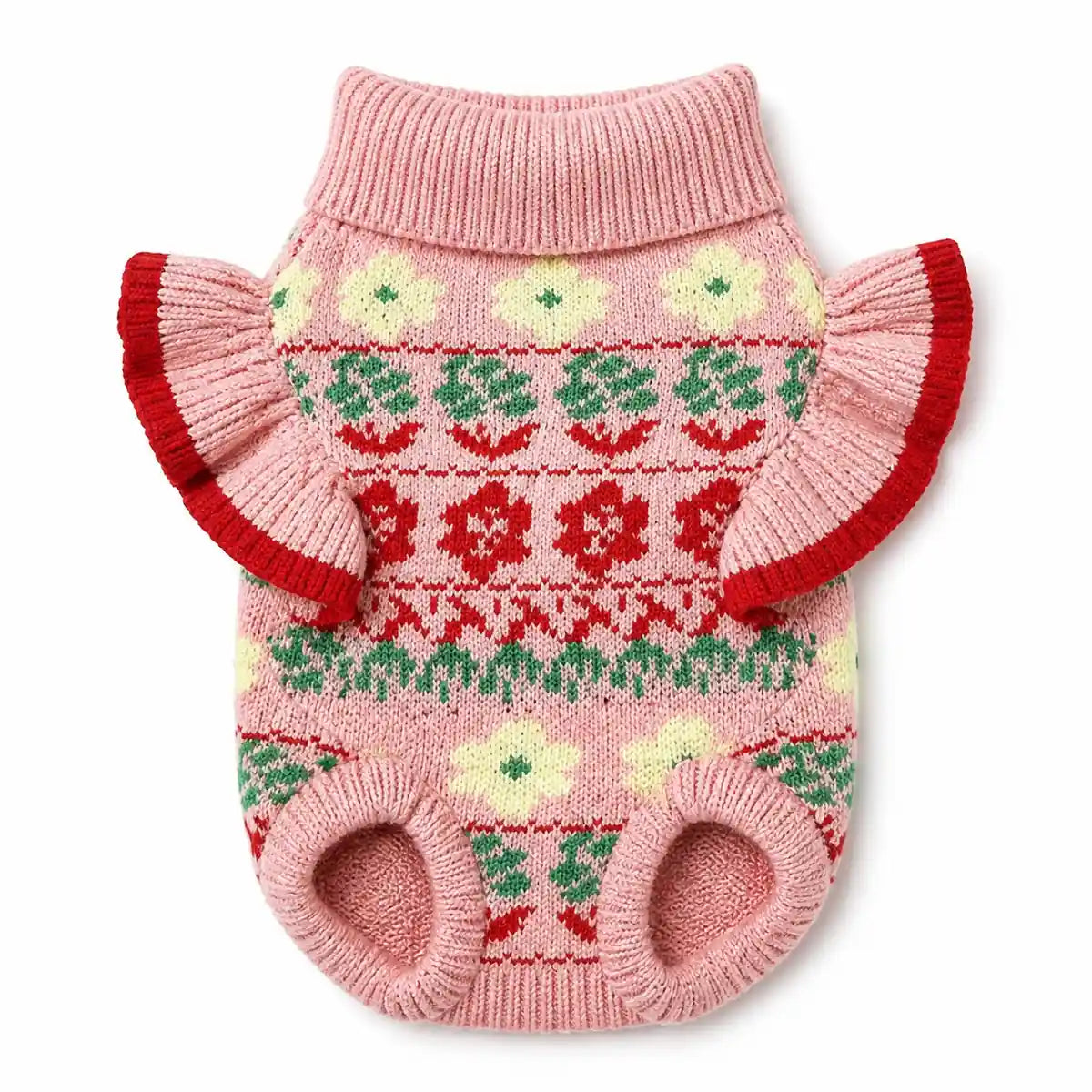 Pink pink floral ruffle dog sweater shown alone on a white background