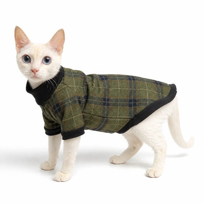 Olive Green plaid cat shirt worn by a pet on a white background