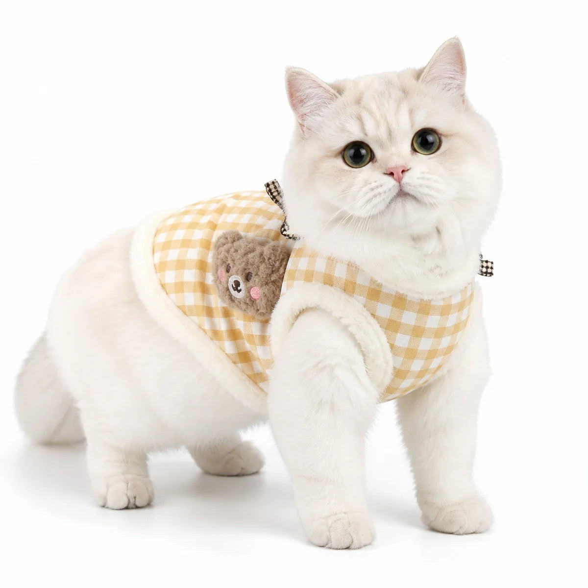 Yellow plaid cat vest worn by a pet on a white background, image 3