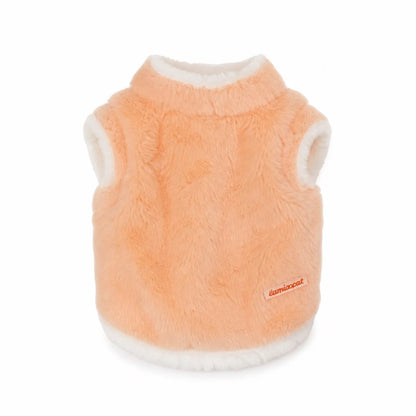 Orange plush cat vest shown alone on a white background