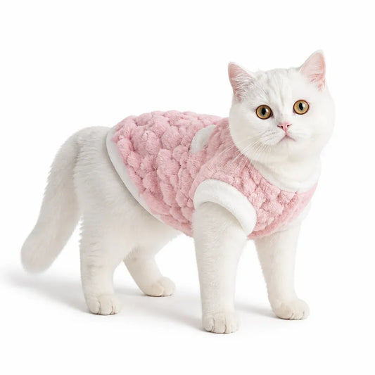 Pink plush pet vest worn by a pet on a white background