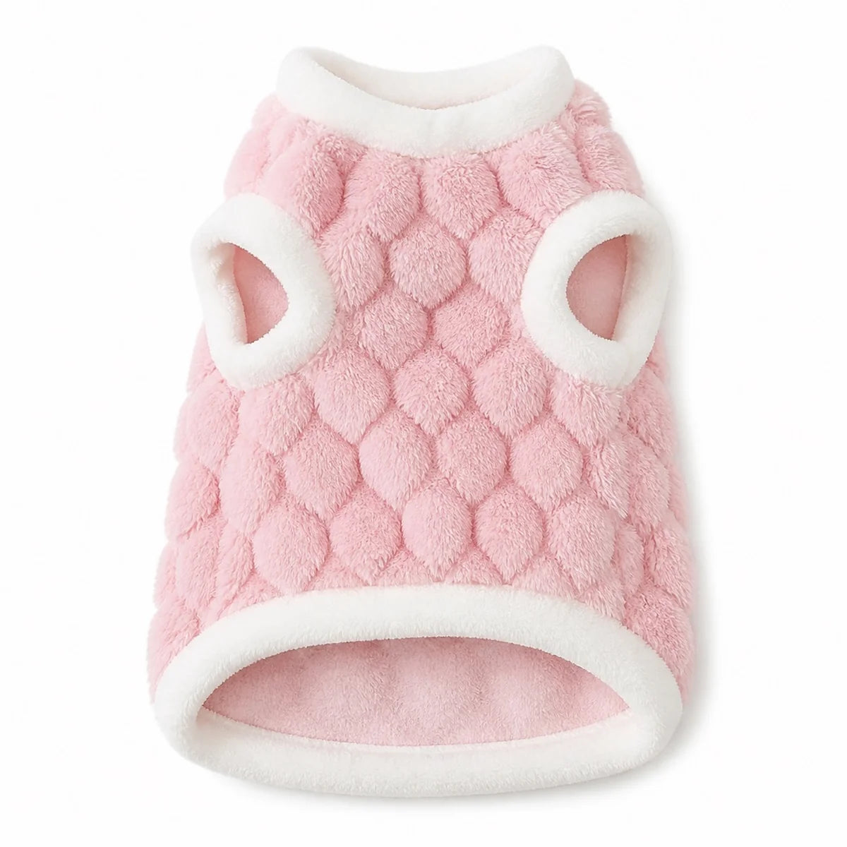 Pink plush pet vest shown alone on a white background