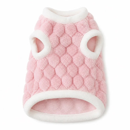 Pink plush pet vest shown alone on a white background