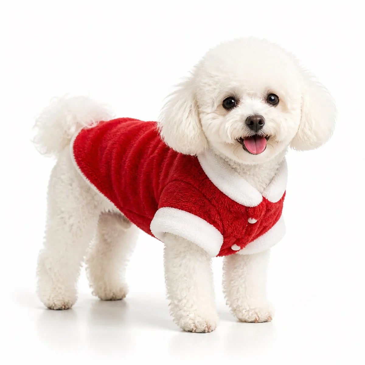 Red plush pet vest worn by a pet on a white background