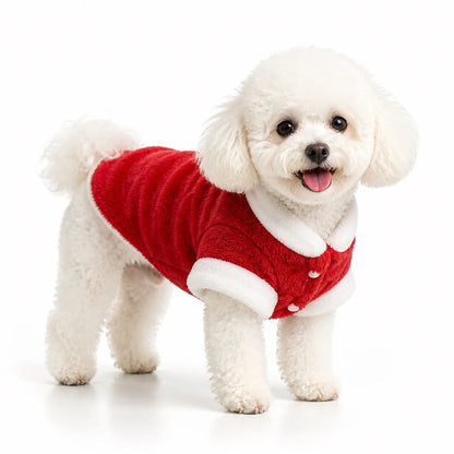 Red plush pet vest worn by a pet on a white background