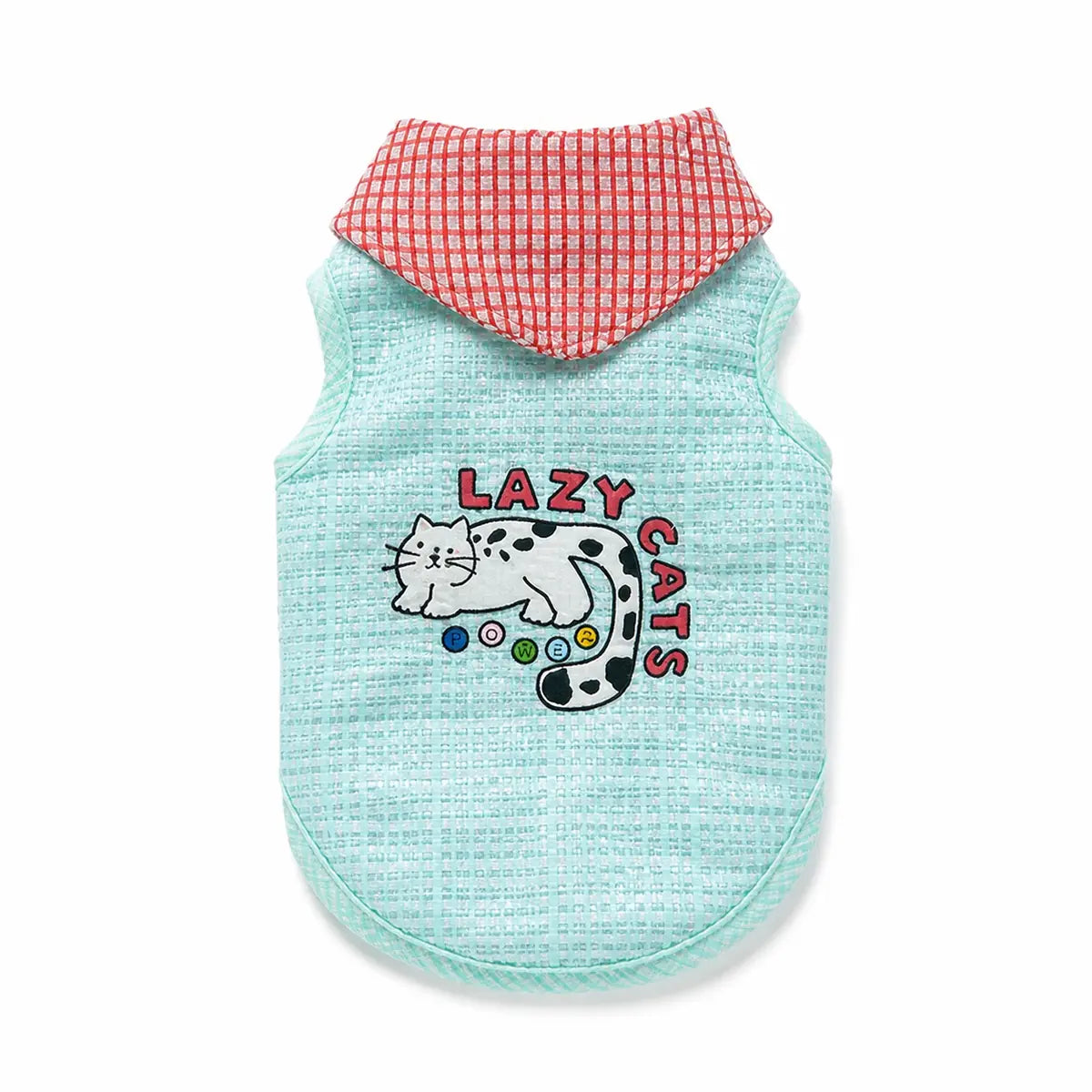 Teal printed cat bib vest shown alone on a white background