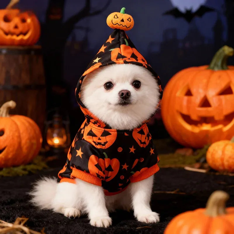 White dog wearing a black pumpkin print hooded Halloween outfit beside pumpkins