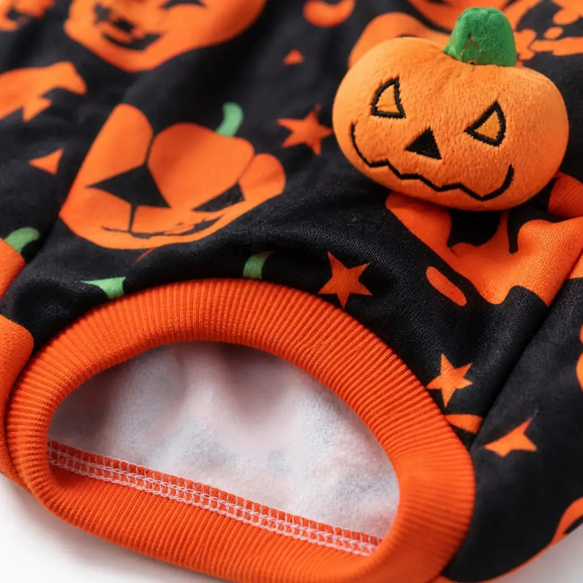 Close-up of orange pumpkin print and fabric detail on a dog Halloween costume