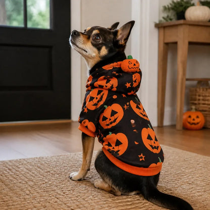 Dog wearing a black and orange pumpkin Halloween dog costume indoors