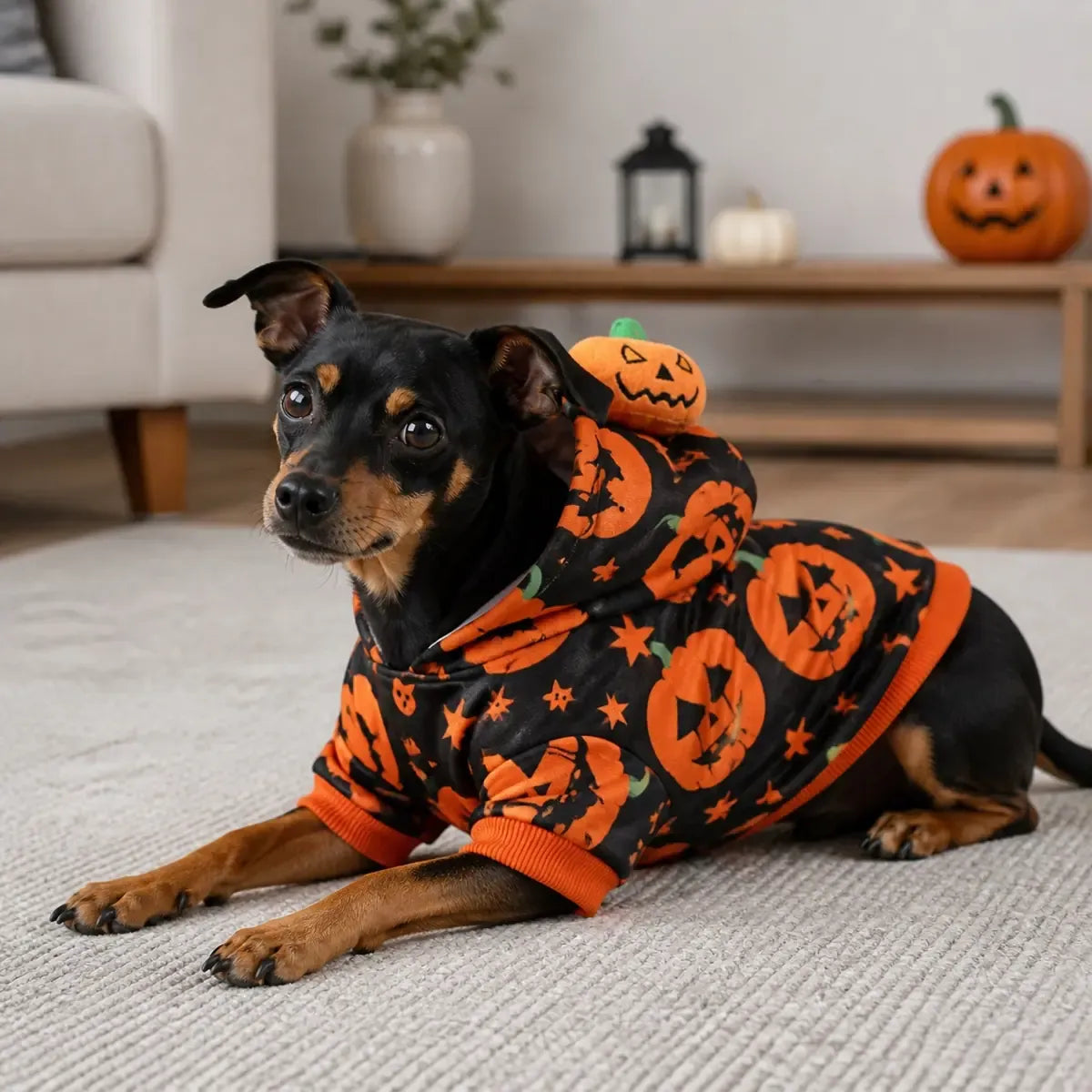 Black dog wearing a pumpkin print Halloween dog outfit indoors