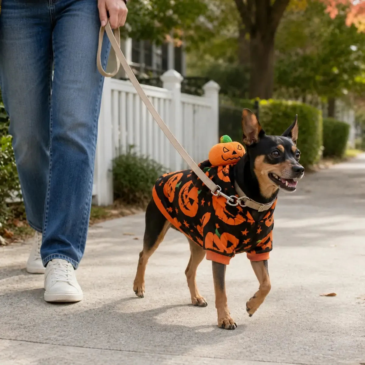 Dog wearing a pumpkin Halloween costume on an autumn outdoor walk