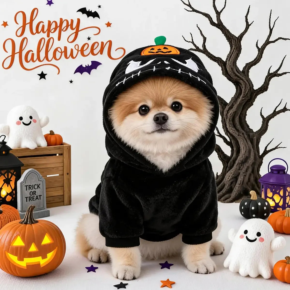 Front view of a small dog wearing a black pumpkin skeleton hooded costume