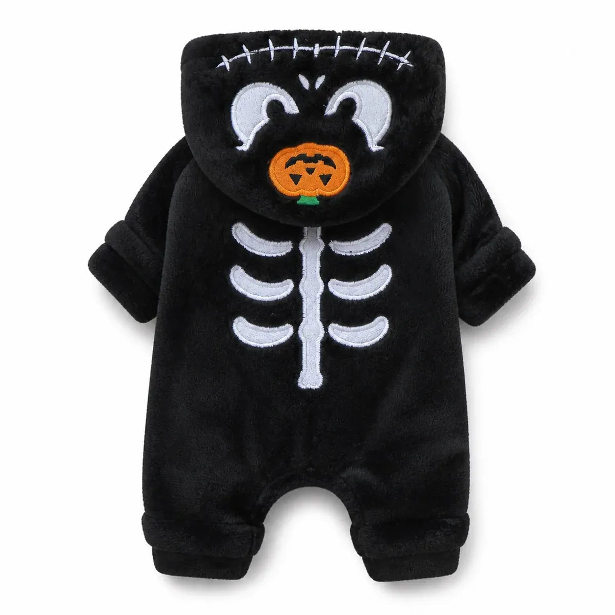 Black pumpkin skeleton dog costume shown alone on a white background
