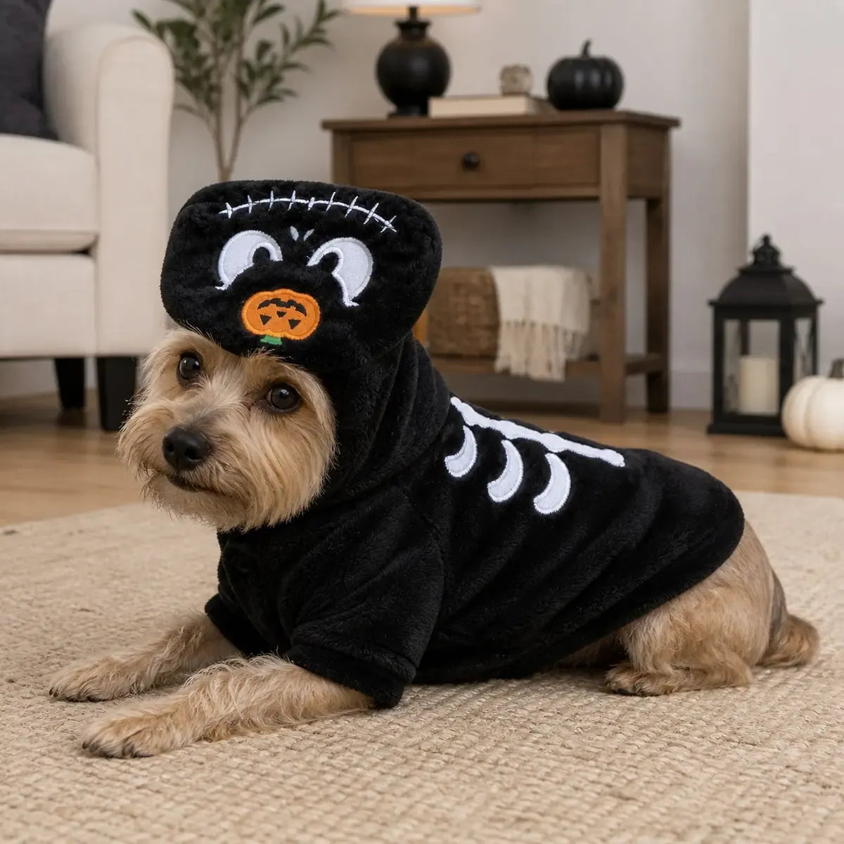 Small dog resting at home in a black hooded skeleton costume