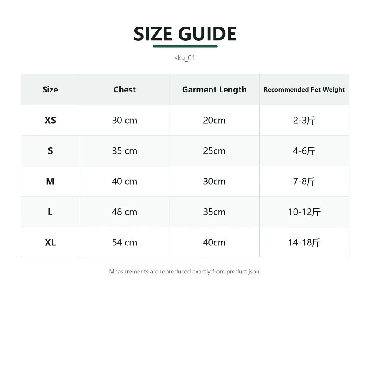 Pumpkin skeleton dog costume size chart with XS to XL measurements