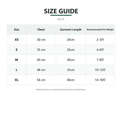 Pumpkin skeleton dog costume size chart with XS to XL measurements