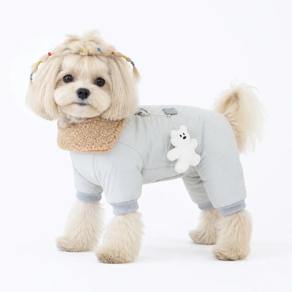 dog wearing a Light Gray quilted four-leg dog coat with plush collar
