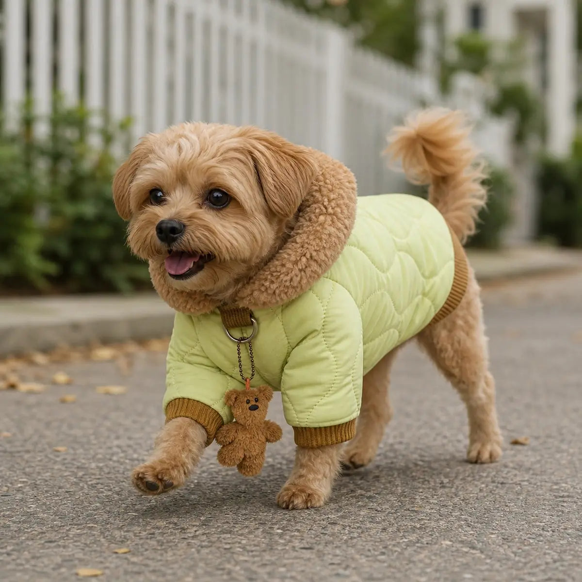 Light Green quilted four-leg dog coat with plush collar lifestyle view