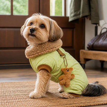 Light Green quilted four-leg dog coat with plush collar feature view