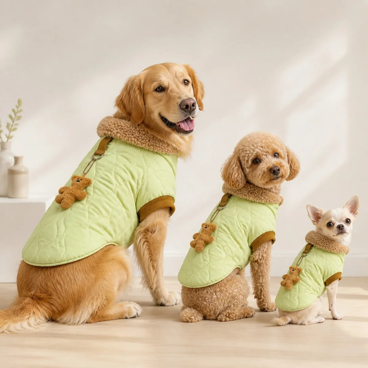 quilted four-leg dog coat with plush collar multi-breed showcase