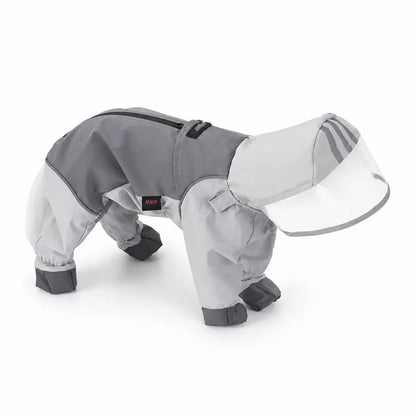 Gray reflective full-coverage dog raincoat shown alone on a white background