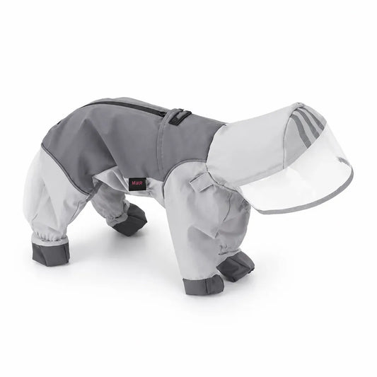 Gray reflective full-coverage dog raincoat shown alone on a white background