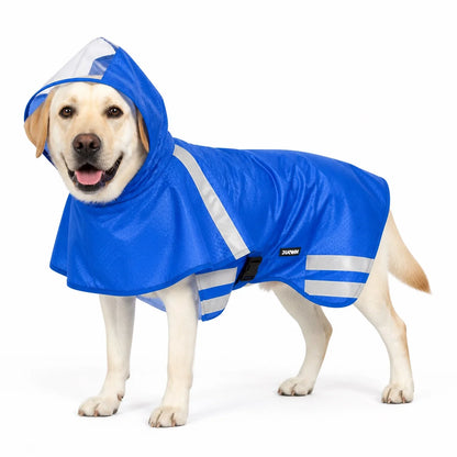 Blue colorway 06 reflective hooded dog raincoat worn by a pet on a white background, image 7