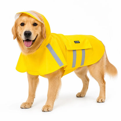Yellow colorway 04 reflective hooded dog raincoat worn by a pet on a white background, image 1